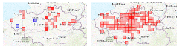 Een vergelijking van de 2 kaarten voor respectievelijk de periodes 2006-2009 en 2019-2022 toont een zeer sterke geografische uitbreiding van waarnemingen van Roodwangschildpadden gecodeerd in waarnemingen.be. Deze uitbreiding wordt voornamelijk waargenomen ten noorden van de valleien van Samber- en Maas.