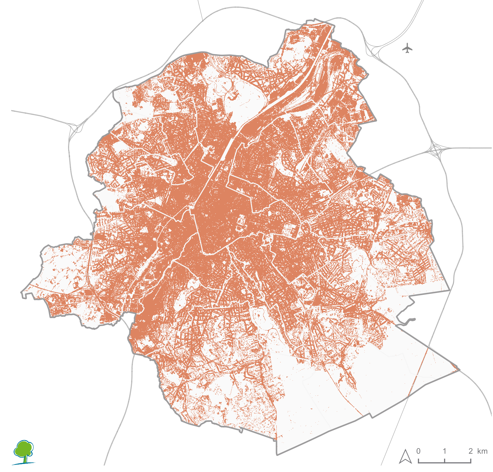 Kaart van de ondoorlatende oppervlakken van het Brussels Gewest