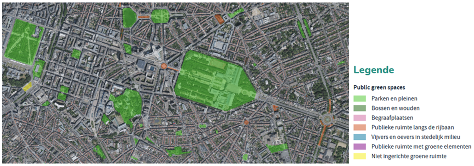 Fragment van de kaart met publieke groene ruimten op luchtfoto-achtergrond (januari 2024)