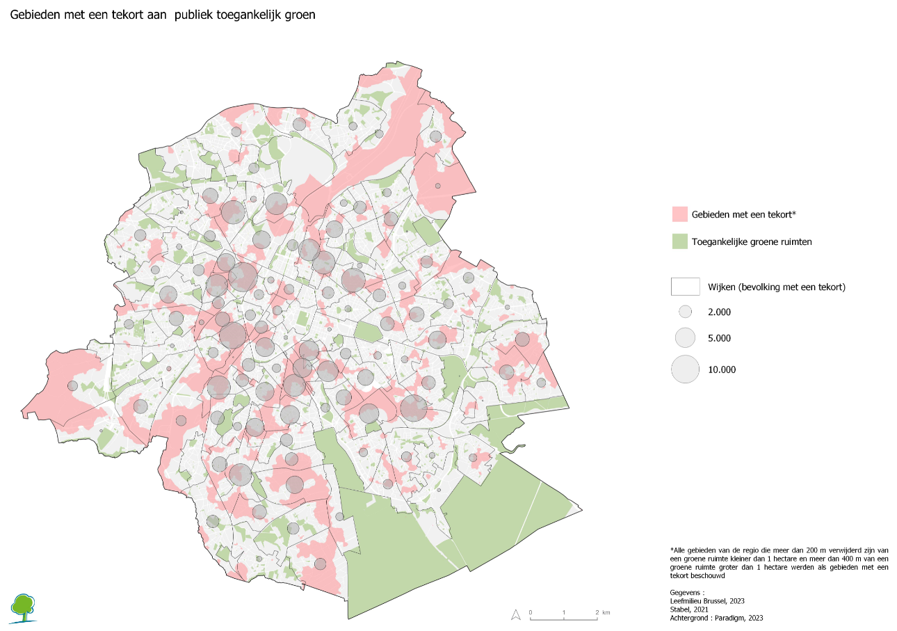 De meerderheid van de Brusselaars die in gebieden met een tekort aan groene ruimten wonen, wonen in de meest centrale wijken