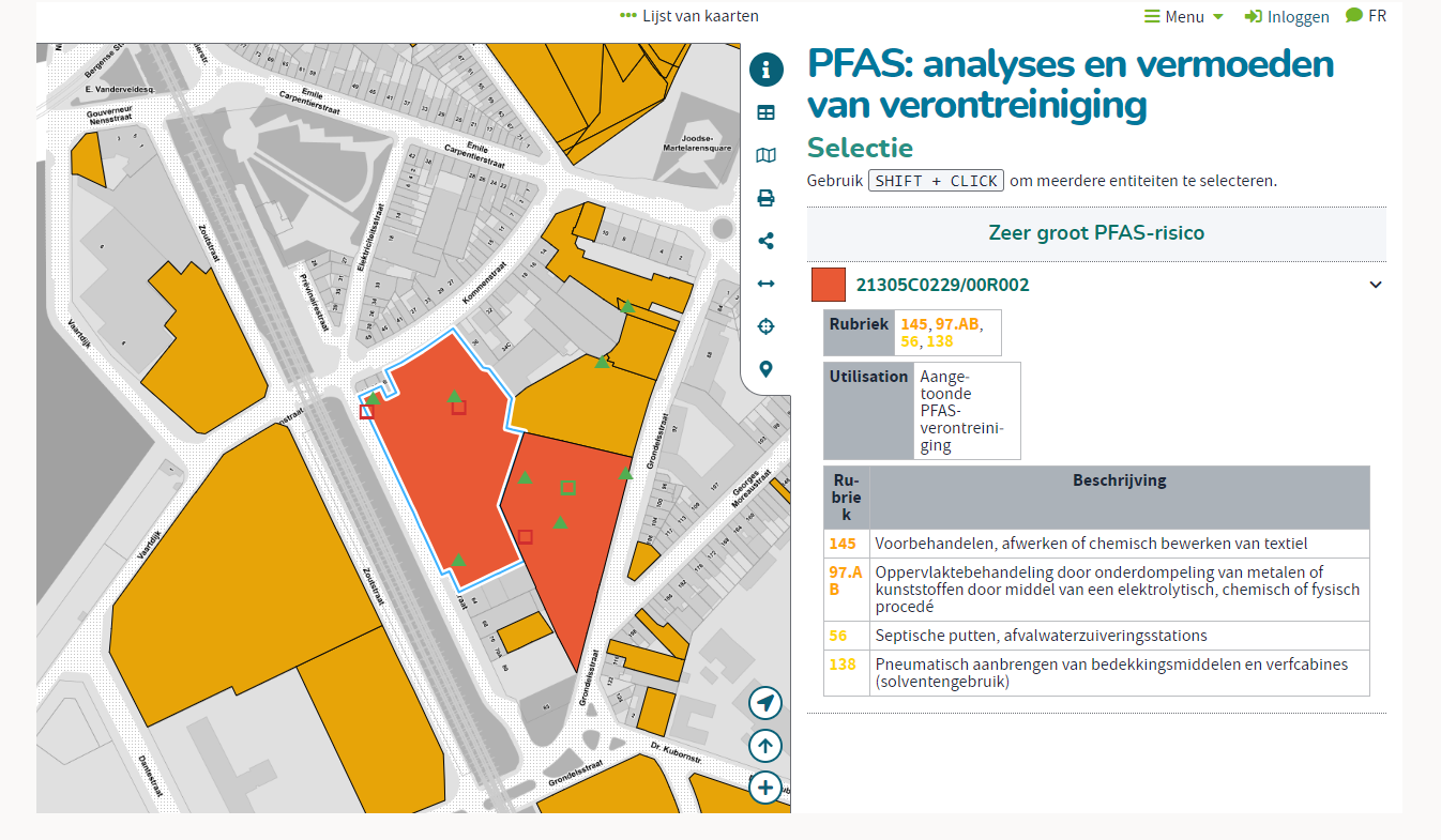 Een screenshot van de PFAS-kaart voor Brussel.