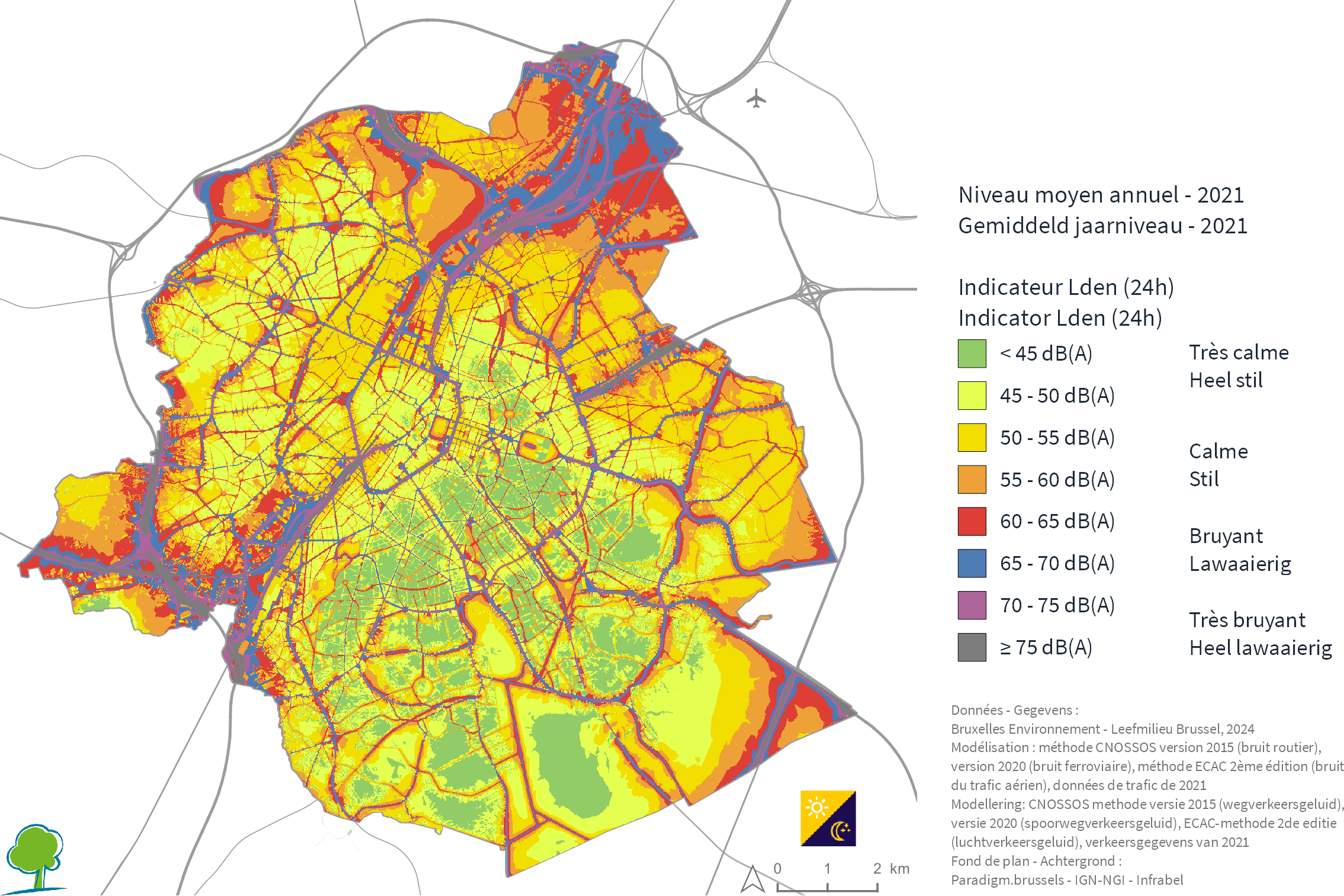 Strategische kaart van de multiblootstelling aan geluid van weg-, lucht- en spoorverkeer in 2021