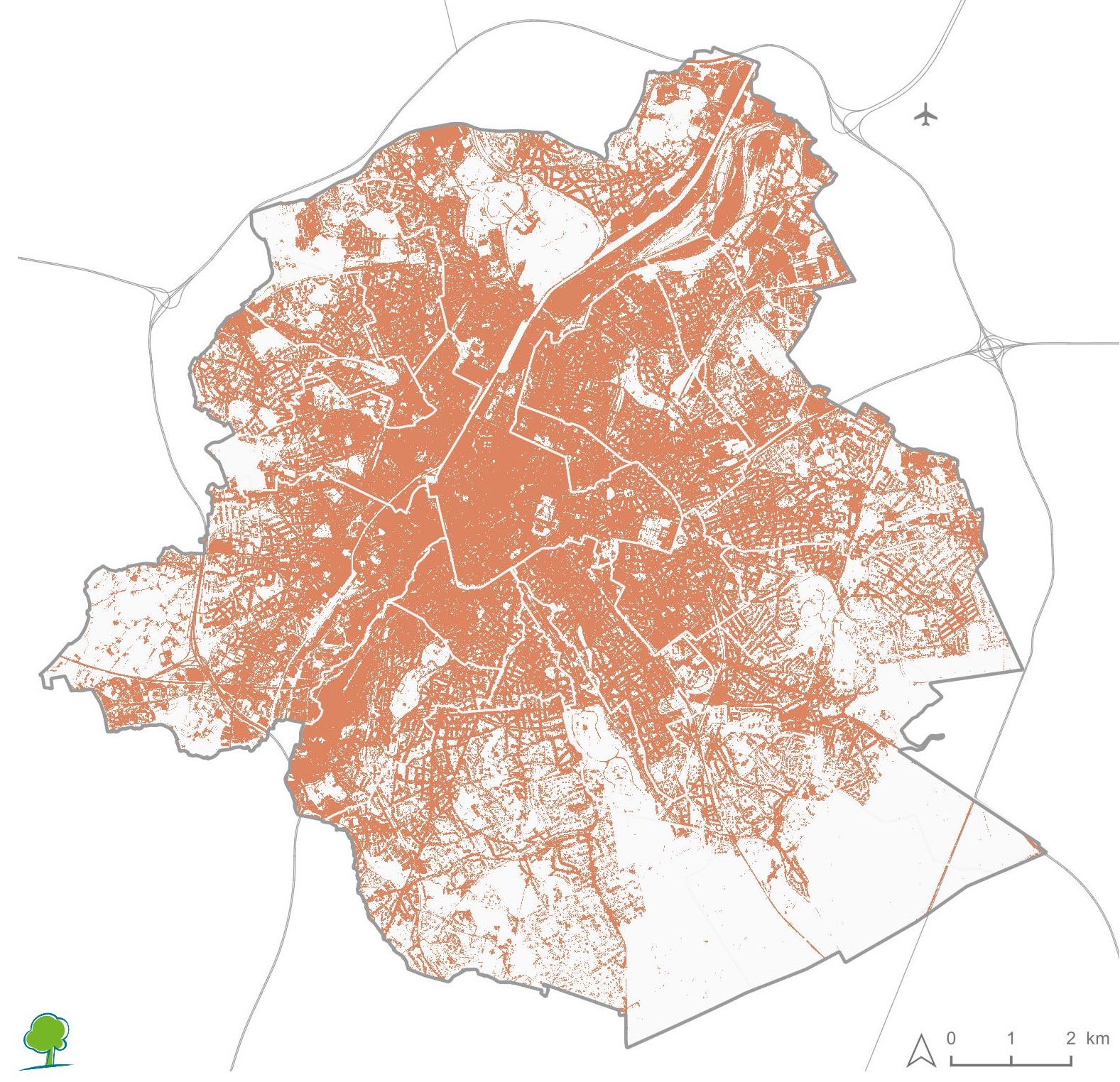 Een kaart van het Brussels Hoofdstedelijk Gewest waarop met een oranje kleur wordt aangeduid welke oppervlakken ondoorlaatbaar zijn.