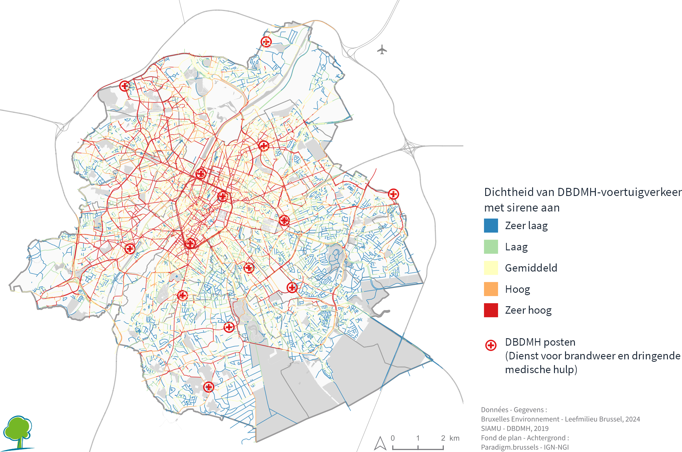 Grafiek: De hogere frequentie van DBDMH-sirenes in de Vijfhoek en ten westen van het kanaal houdt waarschijnlijk verband met moeilijkere verkeersomstandigheden in deze wijken