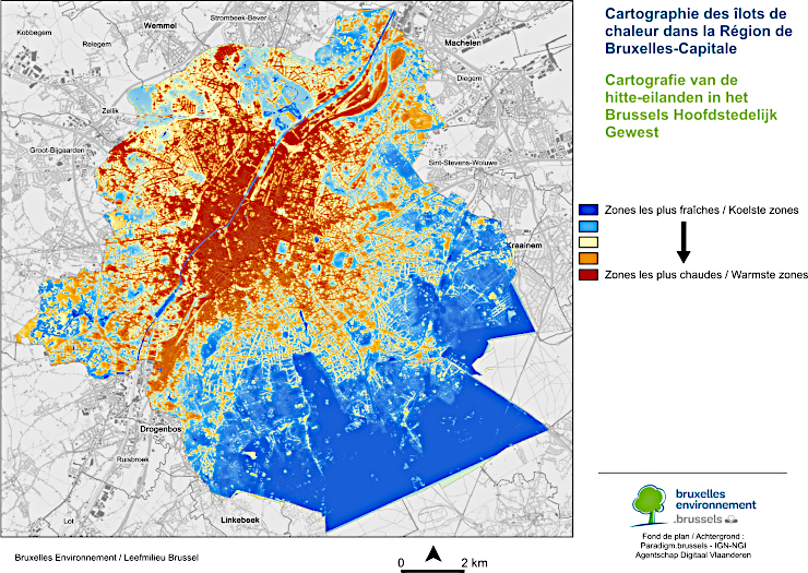 Cartographie détaillée de l’ilot de chaleur et des zones de fraîcheur à Bruxelles (sur l'ensemble de la Région, et dans le centre)