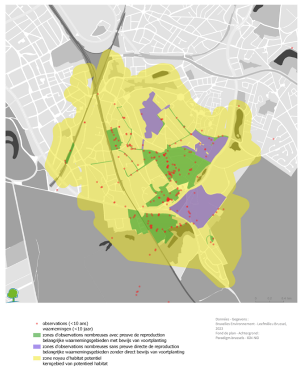 Habitatkaart vliegend hert in Watermaal-Bosvoorde en omstreken (2013-2023)