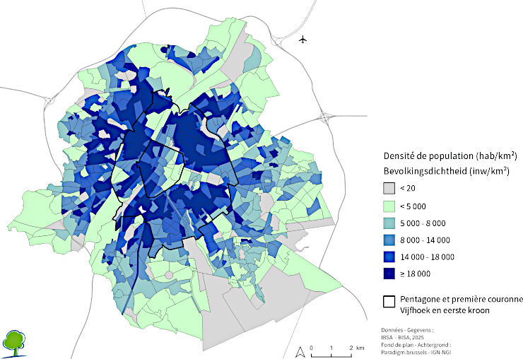 Grafiek: De Brusselse bevolking is geconcentreerd in de wijken van de eerste kroon en het noordwesten
