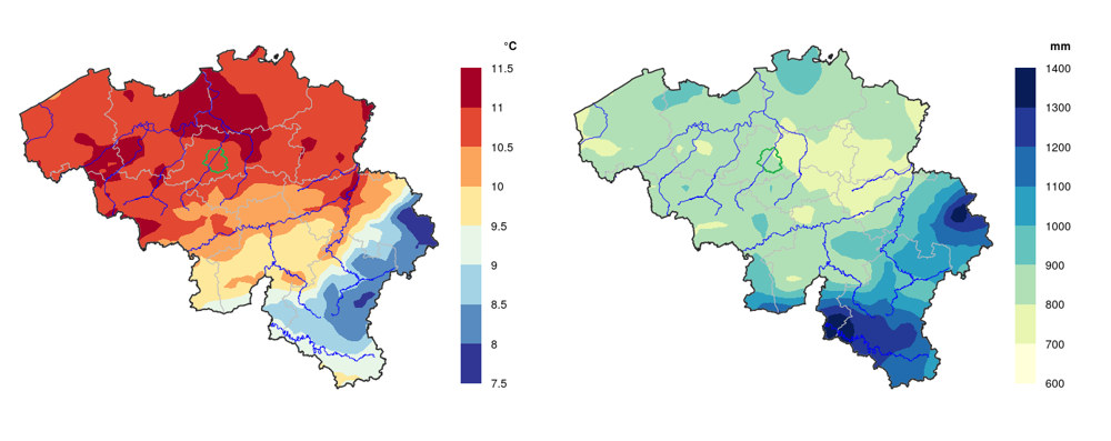 Grafiek: De Belgische klimaatatlas: gemiddelde jaartemperatuur (links, in °C) et neerslag (rechts, in mm) voor de periode 1991-2020
