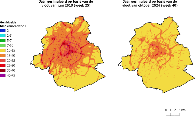 Grafiek: Gemiddelde NO2-concentratie volgens het model gedaald tussen 2018 en 2024