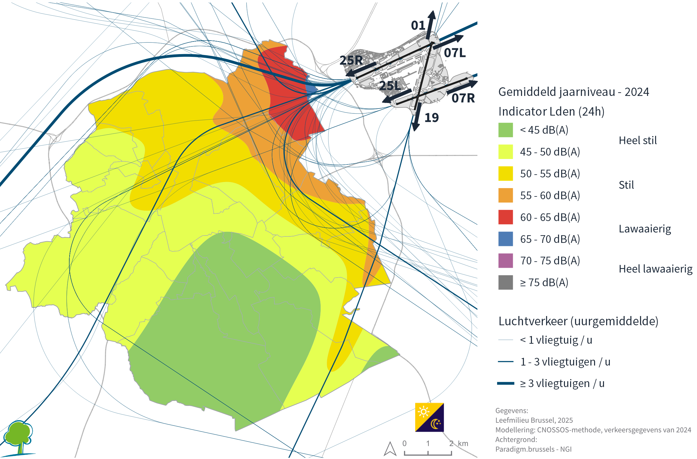 Grafiek: Strategische geluidsbelastingkaart van het vliegverkeer in 2024 – Indicator Lden
