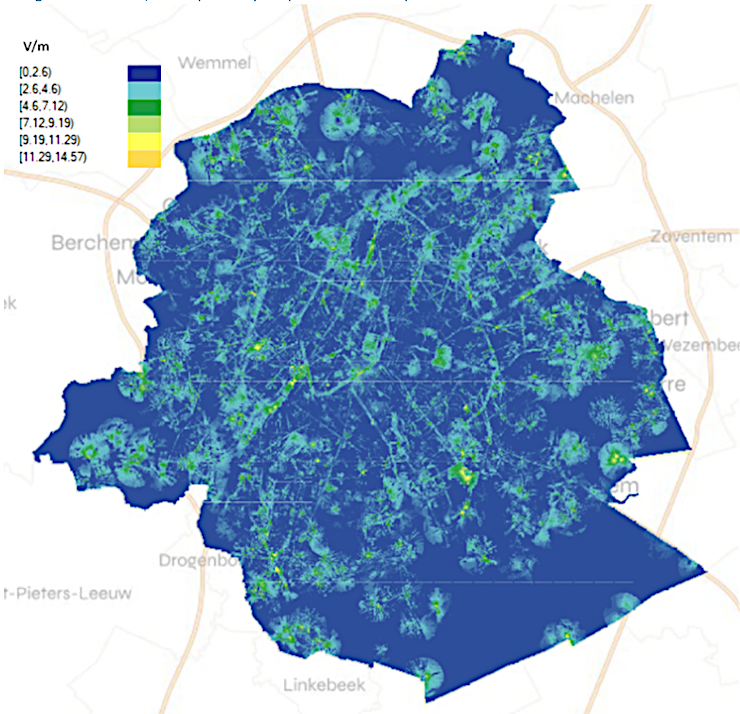Grafiek: In 2024 was 90% van het grondgebied (op de grond) blootgesteld aan minder dan 2 V/m