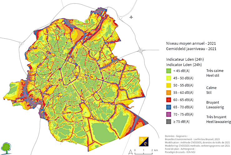 Carte stratégique du bruit du trafic routier en 2021 – Indicateur Lden