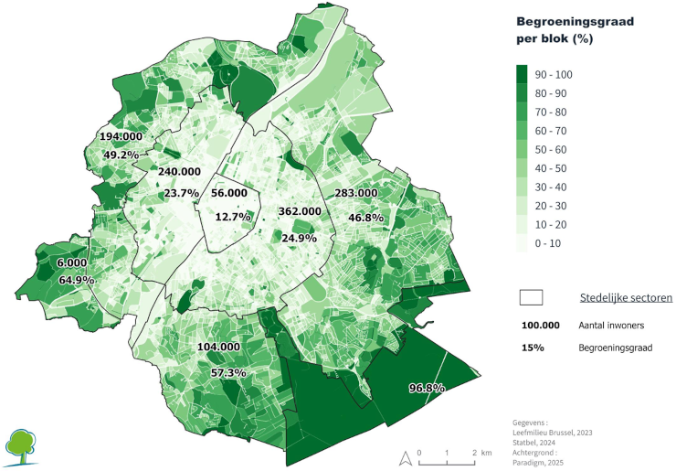 48,7% van het grondgebied is bedekt met vegetatie, maar dit percentage varieert sterk van gebied tot gebied (2023)