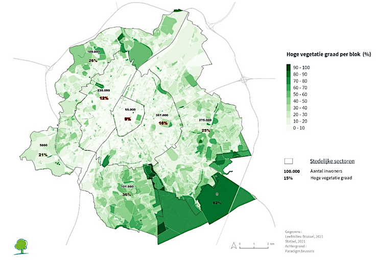 Vooral in het centrum van de stad en de wijken aan het kanaal blijken er weinig bomen en struiken te zijn (2021)