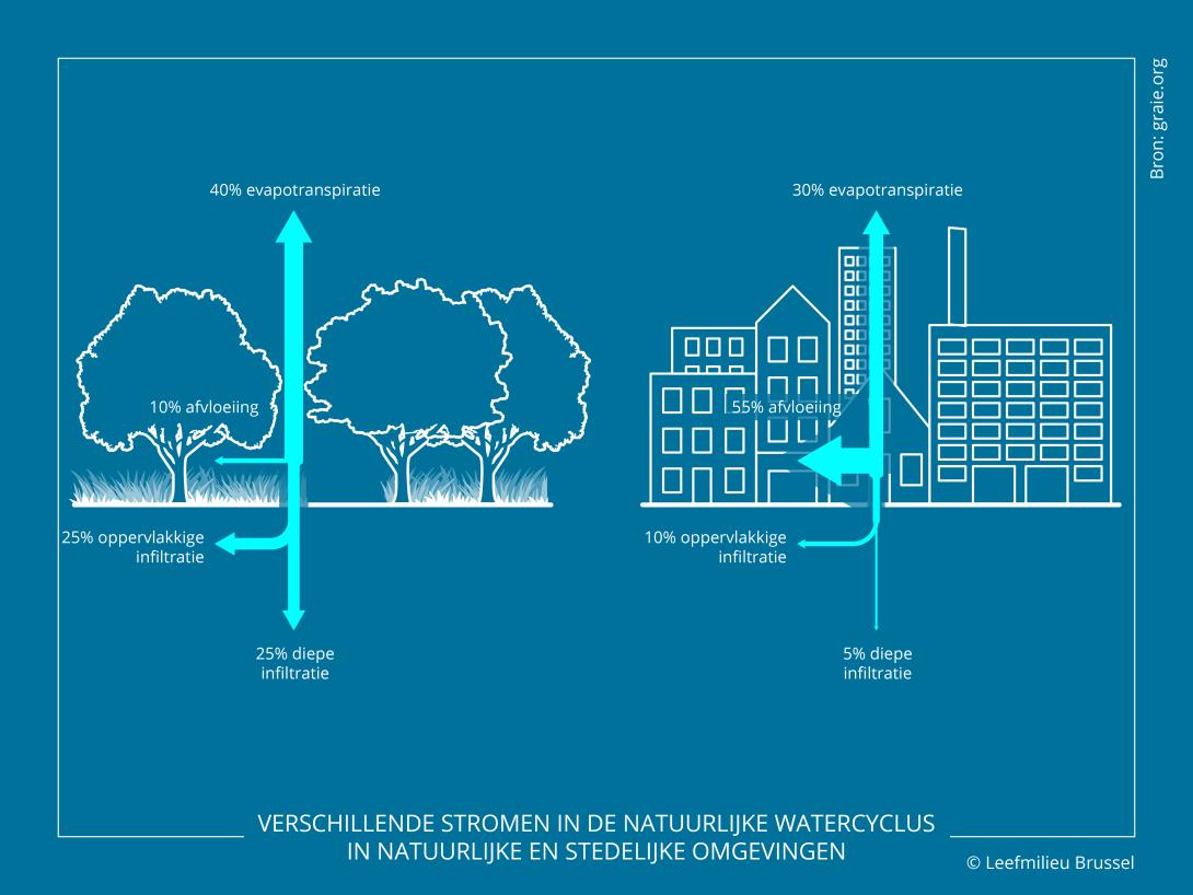Verschillende stromen in de natuurlijke watercyclus in natuurlijke en stedelijke omgevingen
