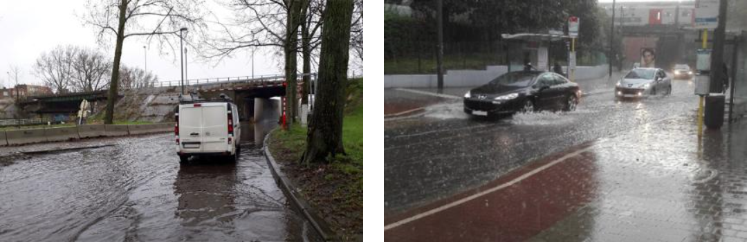 Voorbeelden van overstromingen door regenval in de gemeenten Anderlecht in 2019 en Vorst (rechts) in 2018