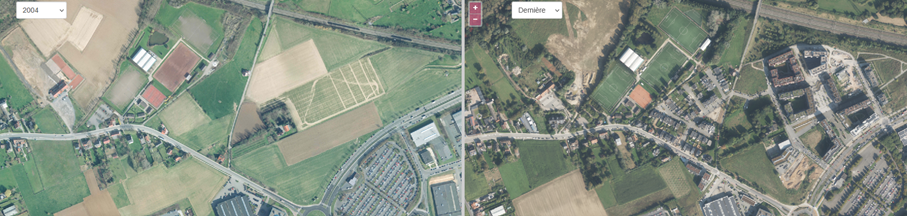 Foto: Fragment van een luchtfoto, omgeving van het Erasmusziekenhuis (Anderlecht) in 2004 en 2023 