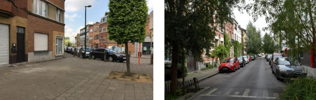 Links, de verharde Neerstalsesteenweg. Rechts, obomontwikkeling in de regentuinen in de Driesstraat (Vorst)
