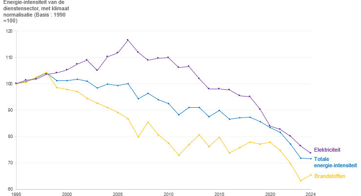 Grafiek: Evolutie van de energie-intensiteit van de dienstensector (per baan) in het Brussels Gewest, in functie van de energiedrager