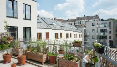 Quartier durable vue d'un ensemble avec terrasse en bois