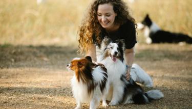 Femme qui caresse des chiens 