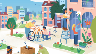 Illustration décor ville avec des personnages qui s'entraident