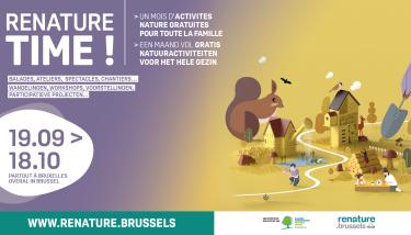 Affiche Renature Time avec une illustration ville et nature et des dates